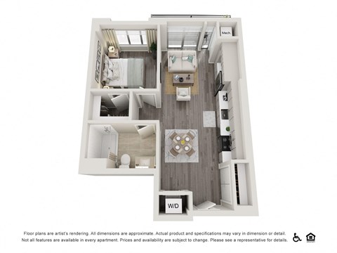 Floor plan for 1 bed, 1 bath, 612 sqft